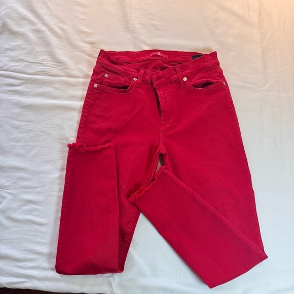 ❤️ 7 For All Mankind Red Skinny Jeans – Women’s Size-29 Frayed Hem Stretch Denim - Picture 1 of 8